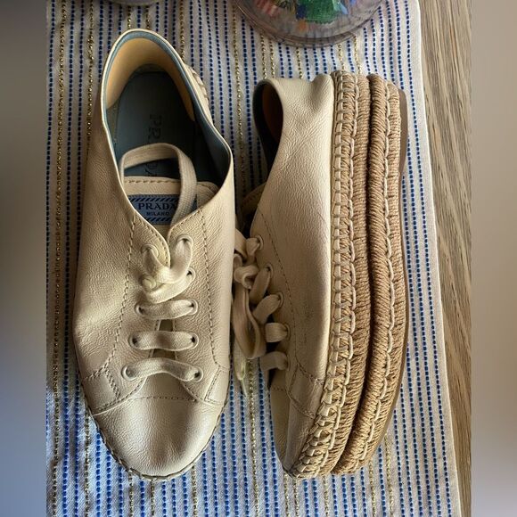PRADA Espadrille Platform Sneakers in White Leather Sz 37 - Picture 2 of 11
